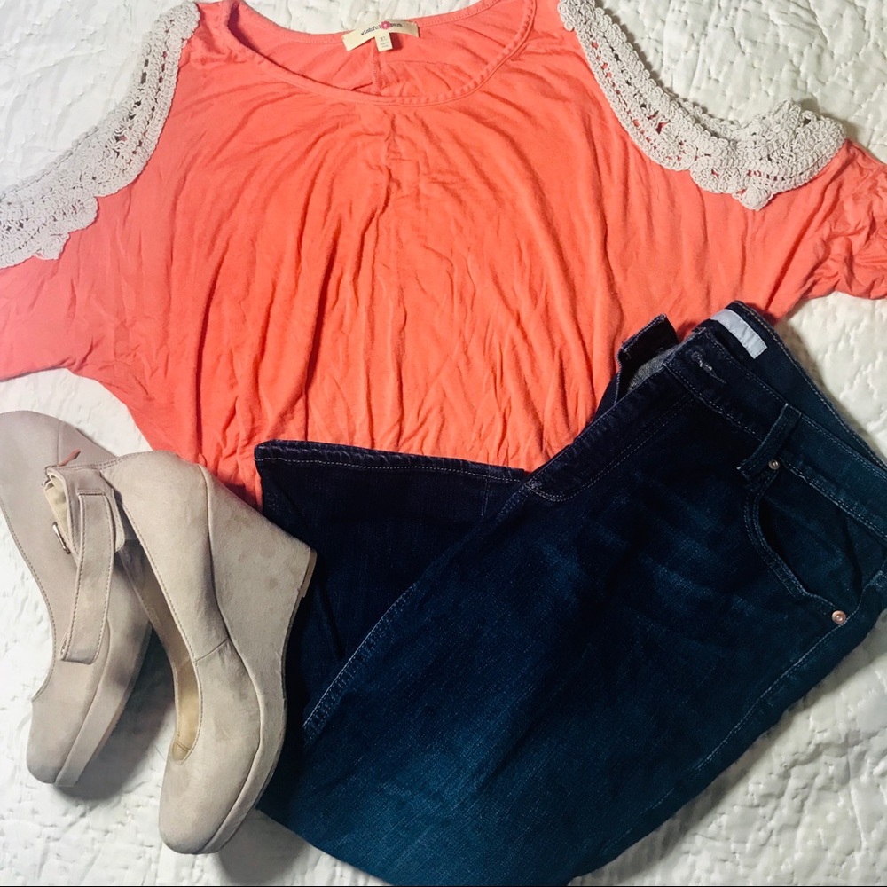 Peach/coral lace detail cold shoulder top
